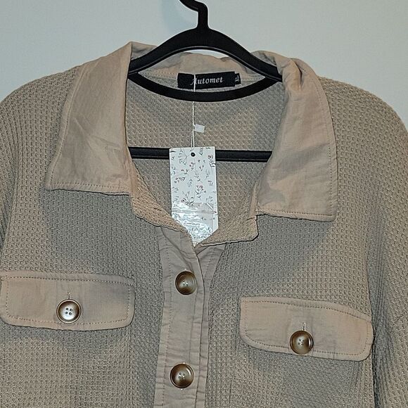 AUTOMET Womens Shacket Jacket Waffle Knit Oversized Button Down Shirt Tan Xl NWT - Picture 3 of 7